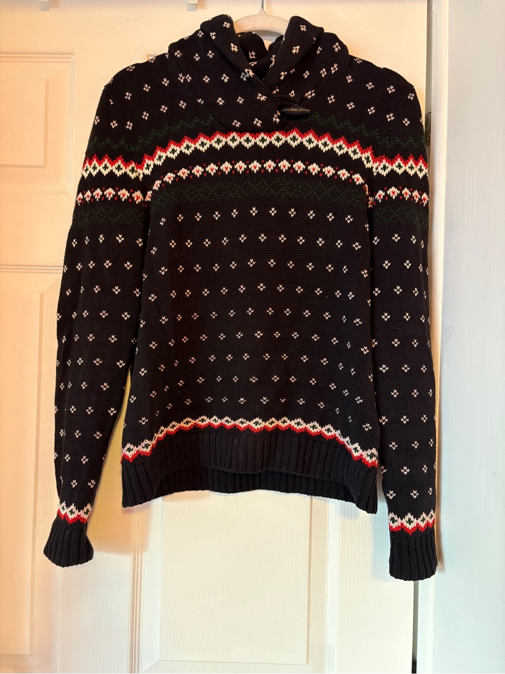 Chaps Black Fair Isle Sweater with Red, Cream, & Green Accents